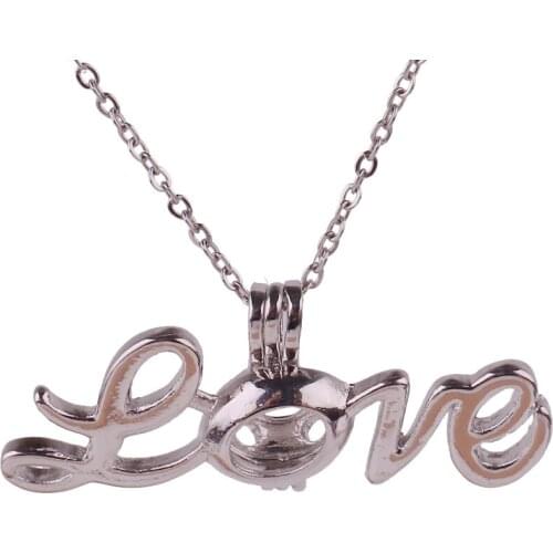 10pcs Silver Copper LOVE letter Beads Cage Essential Oil Diffuser Perfume Pearl Cage Locket necklace 45cm stainless steel chains