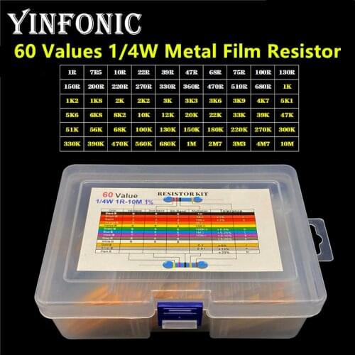 60 Values 1/4W 1% metal film resistors 5-Band-Code 1R-10M each 10 pieces Total 600 pieces Resistor Kit With Box