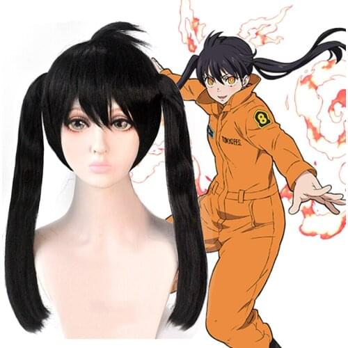 Anime Comic Fire Force Cosplay Wigs Kotatsu Tamaki Cosplay Wig Heat Resistant Synthetic Wig Black Hairs Long Bunches Ponytail