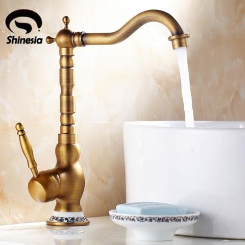Free Shipping Antique Brass Bathroom Sink Faucet Single Handle Mixer Tap Countertop Vessel Mixer Tap Solid Brass