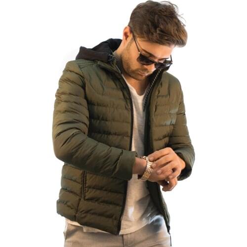 Kulemoda Khaki Hooded Zippered Pocket Slim Fit Filled Mens Coat
