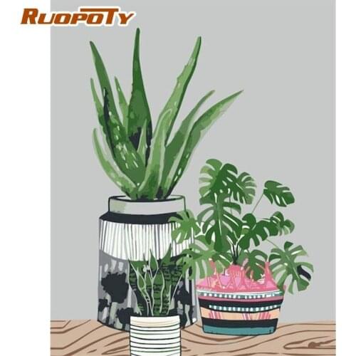 RUOPOTY Oil Painting By Numbers Kits For Adults 60x75cm Framed Green Plant Landscape Picture By Number Acrylic Pigment Draw Arts