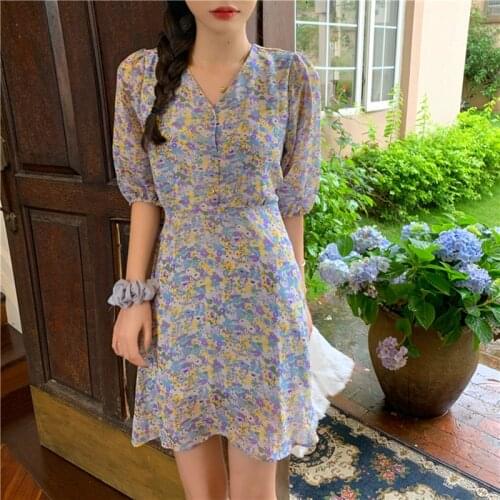 Floral Dresses Woman Summer 2021 V-Neck Printed Causal Women Half Sleeve Slim Party Dress for Female Midi Sundress
