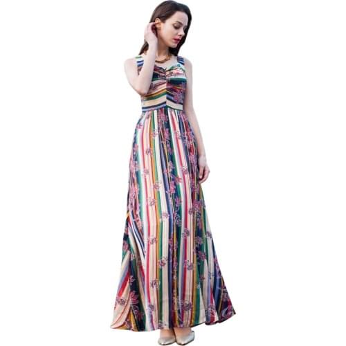 Casual Women Summer Maxi Dress Sleeveless Spaghetti Strap Bohemian Long Dresses Colorful Striped Femme Partty Dress 5612