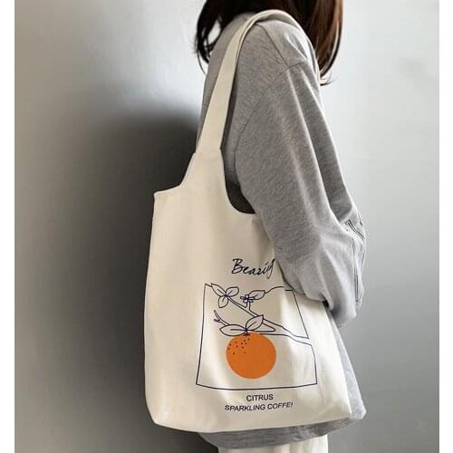 Ins Simple Fruit Orange Canvas Bag Literary Womens Canvas Bag Vest Style Simple Portable Shoulder Bag Foldable Eco Grocery Tote