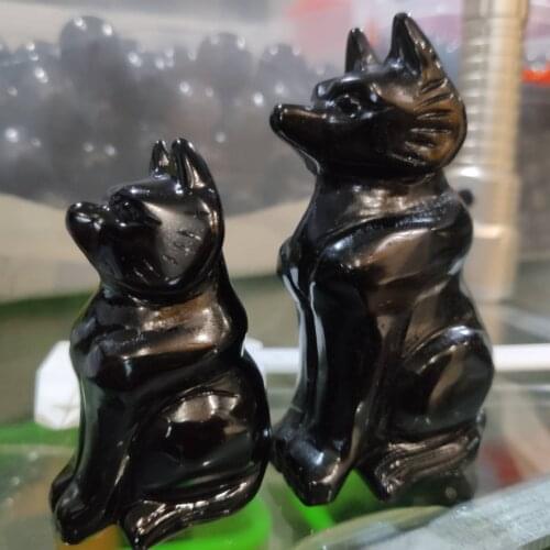Fox Statue Natural Stone Black Obsidian Carved Crystal Healig Figurine Home Decor
