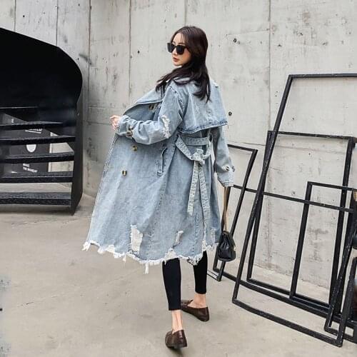 Vintage Denim Coat Coat Female Long over-the-Knee 2020 Autumn Hole frosted Overcoat With Belt Double Breasted Women Jackets K021