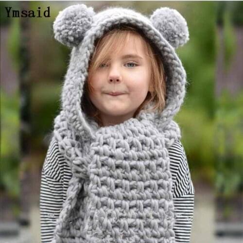Ymsaid 3-9 Years Baby Girls Hats Handmade Two Pompoms Kids Winter Hats Wrap Scarf Caps Cute Autumn Children Wool Knitted Hats