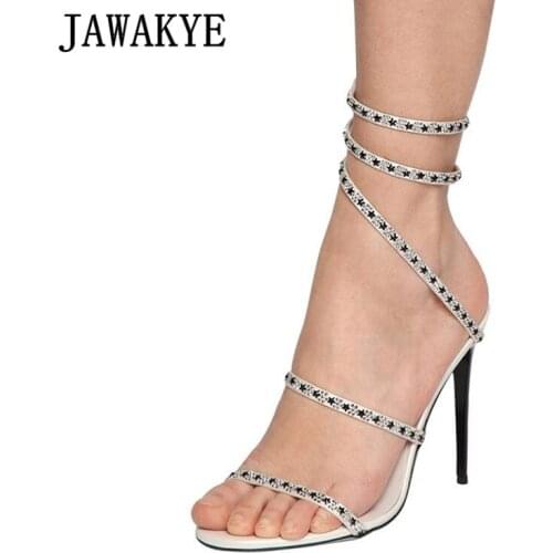 Star Shape Crystal Studded Cross Slip-on Women High Heels Genuine Leather One Strap Gladiator Sandals Formal Party Wedding Shoes
