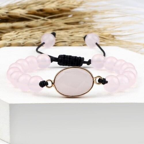 Women Bracelet Pink Crystal Natural Stone Quartz Beads Bracelets Men Oval Drop-shape Geometric Charms Bangles Lover Gift Jewelry