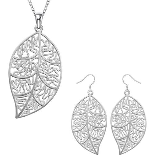 2Pcs/Set Women Hollow Leaf Pendant Silver Plated Earrings Necklace Jewelry Gift boho