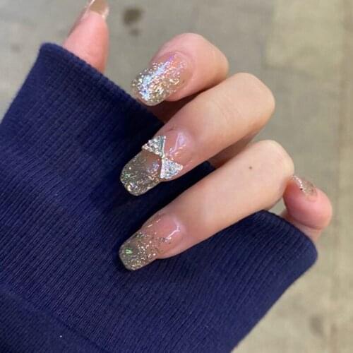 24pcs Rhinestones Inlaid Nail Patch Glue Type Removable Long Paragraph Fashion Manicure Save Time False Nail Patch Fake Nails