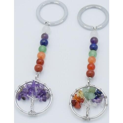 Natural Crystal Stone Round Tree of Life Pendant 7 Chakra Handmade Keychains Key Ring Key Holder for Women Car Bags Accessories