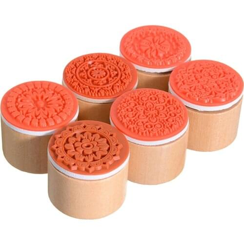 6pcs Wooden Round Vintage Floral Pattern Rubber Stamp Mandala Lace Pottery Polymer Clay Scrapbook Embossing Craft DIY Tools