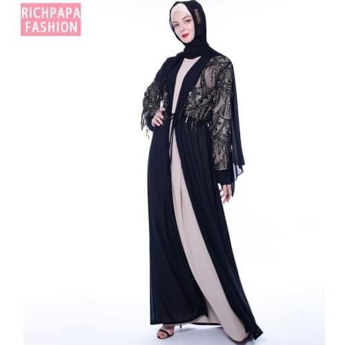 Sequin Tassel Abaya Kimono Turkish Dubai Muslim Hijab Dress Kaftan Cardigan Abayas For Women Caftan Islamic Clothing Robe Femme