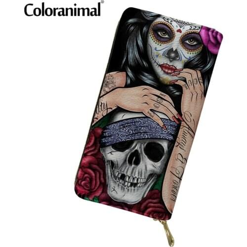 Coloranimal Day of The Dead Sugar Skull Floral Girl Pattern PU Wallet for Ladies Tote Mini Credit Card Holder Clutch Money Bolsa