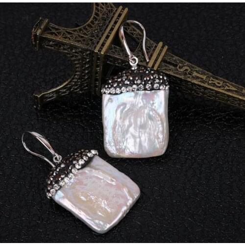 Favorite Pearl Unique Real Pearl Earrings White Square Freshwater Pearls Rhinestone Beads Silver Hook Earrings Wedding Jewelry