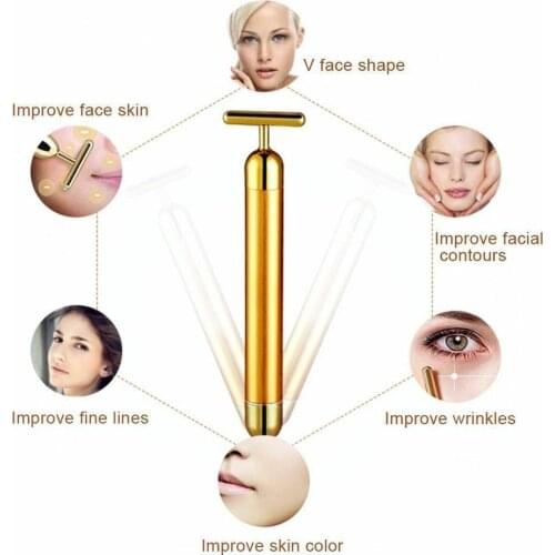 24K Gold Beauty Massage Stick T-Shaped Electric Massager Pulse Vibrating Facial Roller Massager V Face-Lifting Skin Care Tool