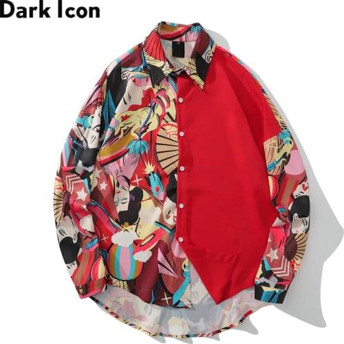 Dark Icon Patchwork Oversized Mens Shirt 2020 Summer Turn-down Collar Loose Shirts Men