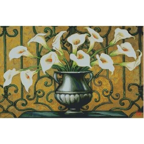 Art Calla Lily, Flower pot Classical Sewing Kit Embroidery Needlework 14CT Unprinted Cross Stitch Kits DIY Handmade Home Decor