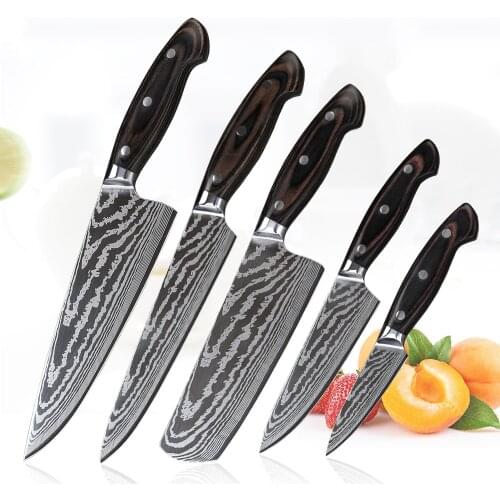 5PCS Kitchen Knife Set Laser Damascus Pattern Stainless Steel Knife Cleaver Slicing Utility Chef Kitchen Knife Pro Cooking Tools