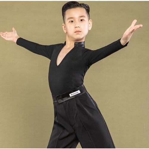 New Boys Latin Dance Tops Long Sleeve V-Neck Practice Clothing Rumba Tango Samba Cha Cha Dance Stage Performance Shirts DWY5466