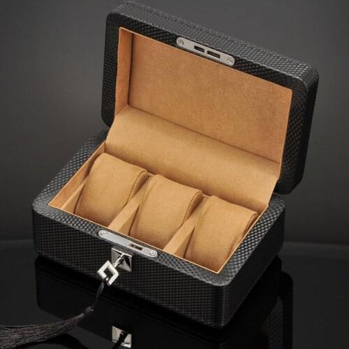 Portable 3-Slots Watch Box High-tech Carbon-fibre Leather Watch Organizer Casket Small Watch Jewelry box case with Key Lock