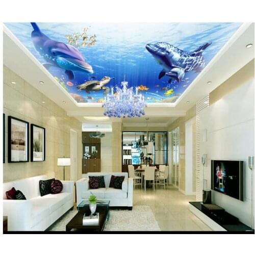 3D wallpaper 3d ceiling wallpaper Ocean aquarium dolphins and sea turtles zenith ceiling murals 3d living room photo wallpaper