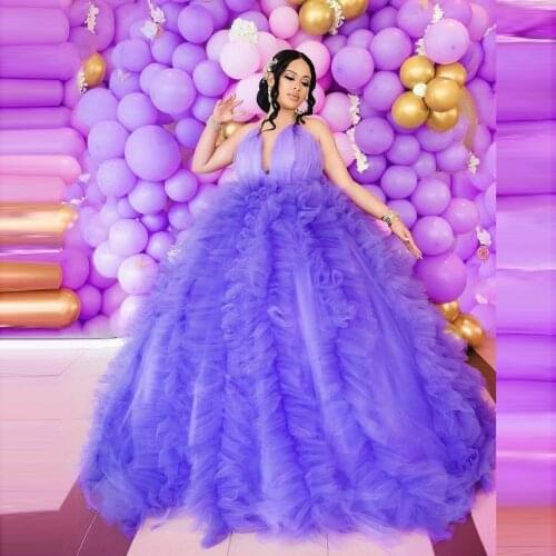 Purple Puffy Tulle Dresses Halter Quinceanera BirthdayDress For Photo Shoot Sleeveless Ruffles Sexy Ball Gown Tulle Robes
