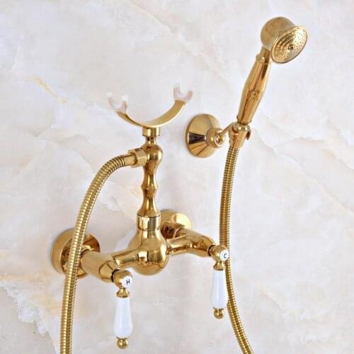 Luxury Polished Gold Color Brass Wall Mounted Bathtub Faucet with Handheld Shower Set +1500MM Hose Mixer Tap 2na923