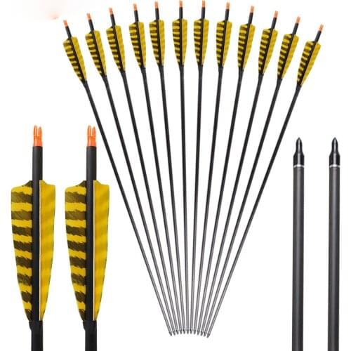 6/12pcs Pure Carbon Arrow with Natural Turkey Feather 32 inch Spine 400 ID 6.2mm Adjustable Nock for Archey Shooting Hunting