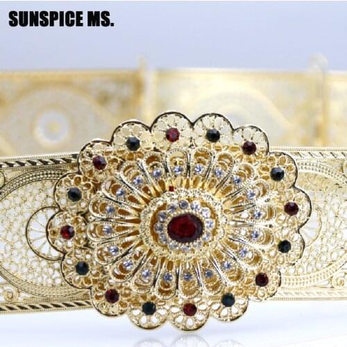 Sunspicems Gold Color Moroccan Caftan Belt for Women Wedding Jewelry Gift Hollow Metal Buckle Link Chain Adjustable Length