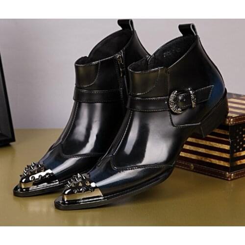 British Rivets Men Ankle Boots Luxury Men Pointed Toe Business Dress Shoes Genuine Leather Oxfords Booties Buckle Wedding Shoes