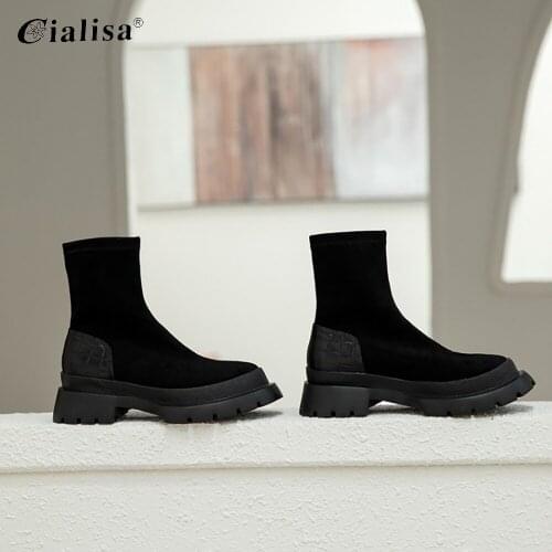CIALISA Women Boots 2020 New Design Black Genuine Leather Mid Heels Round Toe Ankle Boots for Women Winter Platform Shoes