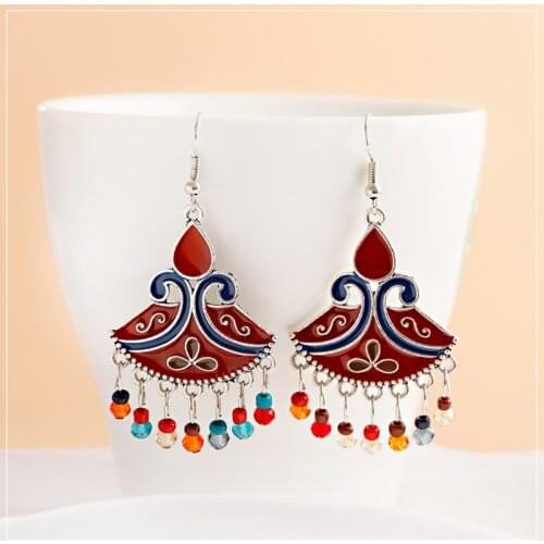 Fashion Gypsy Ethnic Colorful Bead Tassel Flower Carved Indian Earrings For Women Pendientes Wedding Party Jewelry Accessories