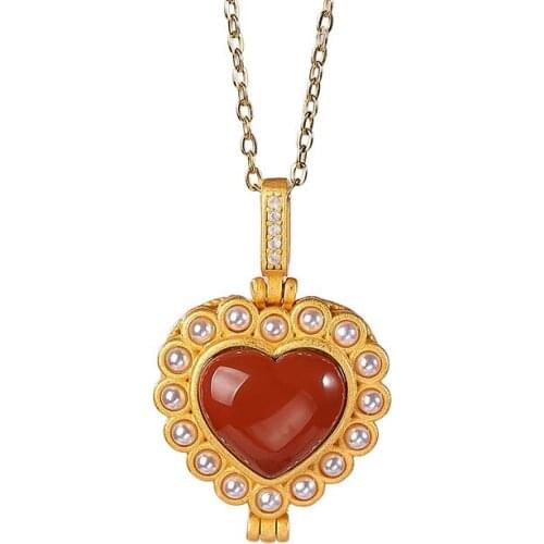 S925 sterling silver gold plated Southern red agate Pearl Pendant Retro Light luxury Temperament Love Ladies Necklace pendant
