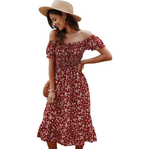 Women Summer Dress Slash Neck Off Shouder Ruffles A-line High Waist Ladies Boho Slim Beach Dress Women Sundress Female Vestidos