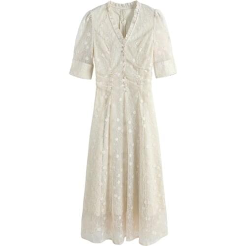 Summer new Elegant Lace Long Dress Casual V-Neck Half Sleeve Ankle-Length dress temperament Chiffon Floral dress women