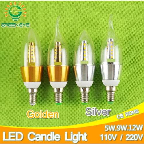 Golden Silver 5w 9w 12w E14 LED Candle Light Aluminum Shell LED Bulb 110V 220V Led Lamp E14 Cool Warm White Lampara 2835