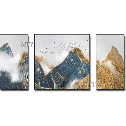 100% Hand Painted Mountain Landscape Gold Lines Canvas Oil Painting 3 Pieces Group Wall Decoration Art Unframed Painting Artwork