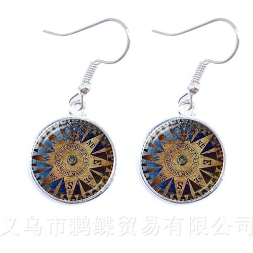2018 New Fashion Nautical Compass Earrings Handmade Glass Dome Mariners Compass Trendy Drop Earrings For Travel Lover