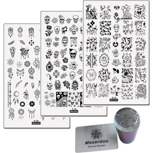 3Pcs Cute Animal Skull Dreamcatcher Thems Nail Art Templates + 1 Starry Holographic Transparent Nail Stamping Stamp Scraper Set