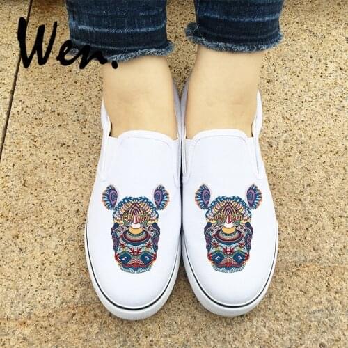 Wen White Black Slip On Sneakers Exquisite Colorful Totem Rhinoceros Original Design Male Females Canvas Shoes Skateboarding