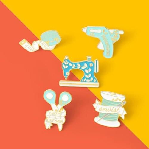 Handcraft Enamel Pins Scissors Sewing Machine Tape Measure Glue Gun Brooch Lapel Badge Bag Cartoon Jewelry Gift for Kid Friend