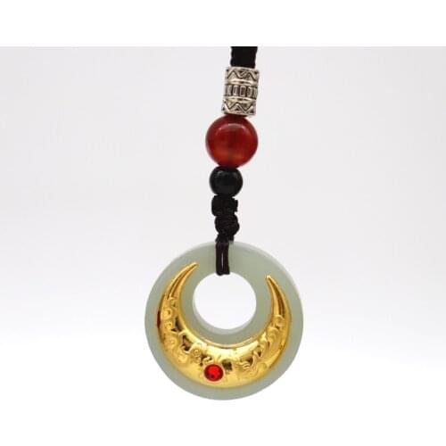 Natural Hetian Stones 24K Gold Crescent Necklaces Circle Hollow Horn Dragon Phoenix Lucky Jade Pendants Reiki Women Men Jewelry