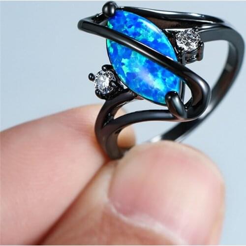 Classic Blue Fire Opal Ring Geometric Stone Round Zircon Ring Vintage Black Gold Wedding Rings For Women Boho Engagement Jewelry