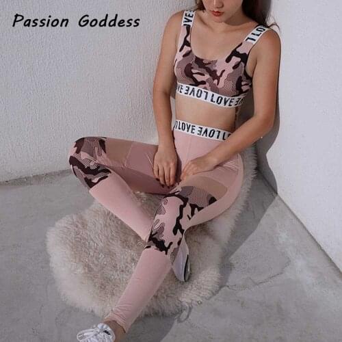 Fitness Women 2 Piece Camo Matching Sets Tracksuits Camouflage Patchwork Tops Bust Pad Long Mesh Leggings Workout Set Outfits