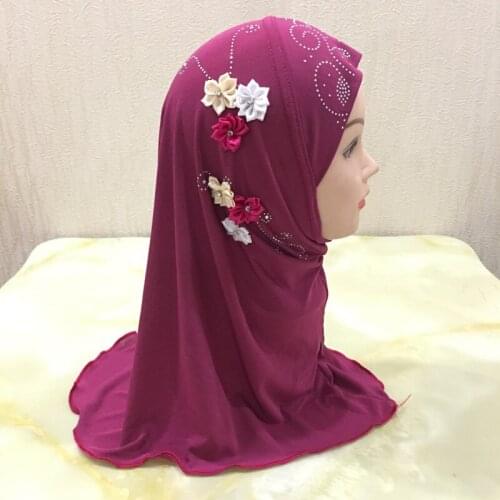 Beauty Six Flower Diamonds Girls Muslim Instant Hijab Breathable Stretch Smooth Islam Amira Cap Ready To Wear For Ages 2-7 Kids