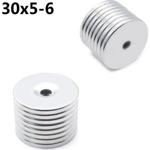 1/2/5/10Pcs 30x5-6 Neodymium Magnet 30mm x 5mm Hole 6mm NdFeB N35 Round Super Powerful Strong Permanent Magnetic imanes Disc