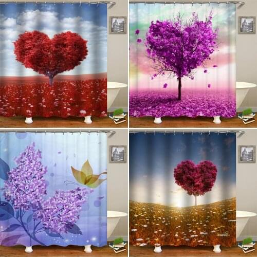 Bipoobee Purple Shower Curtains Red Love Tree Bathroom Curtain Valentines Day Leaves Fabric Waterproof Bath Screen with Hooks